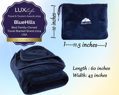 Premium Soft Travel Blanket Pillow Airplane Compact - Navy Blue