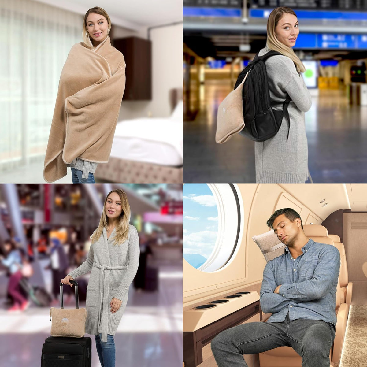 Premium Soft Travel Blanket Pillow Airplane Compact - Navy Blue
