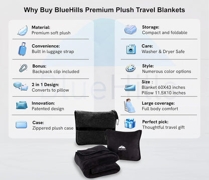 Premium Soft Travel Blanket Pillow Airplane Compact - Navy Blue
