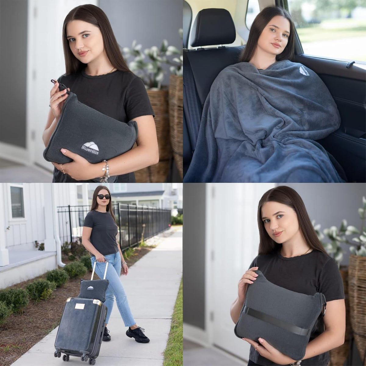 Premium Soft Travel Blanket Pillow Airplane Compact - Navy Blue