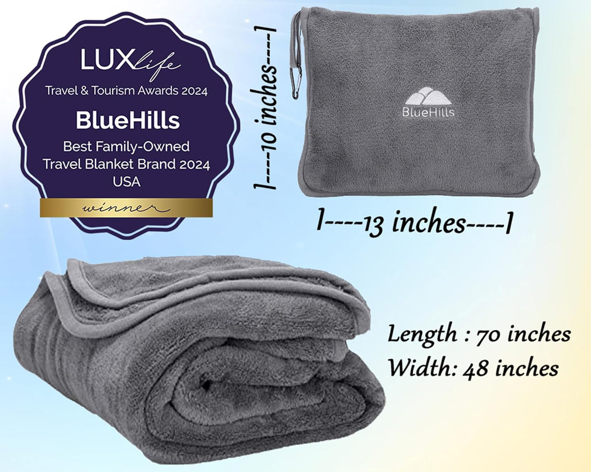 Premium Soft Travel Blanket Pillow Airplane Compact - Navy Blue
