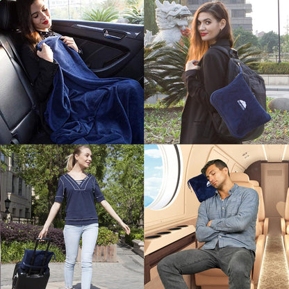 Premium Soft Travel Blanket Pillow Airplane Compact - Navy Blue