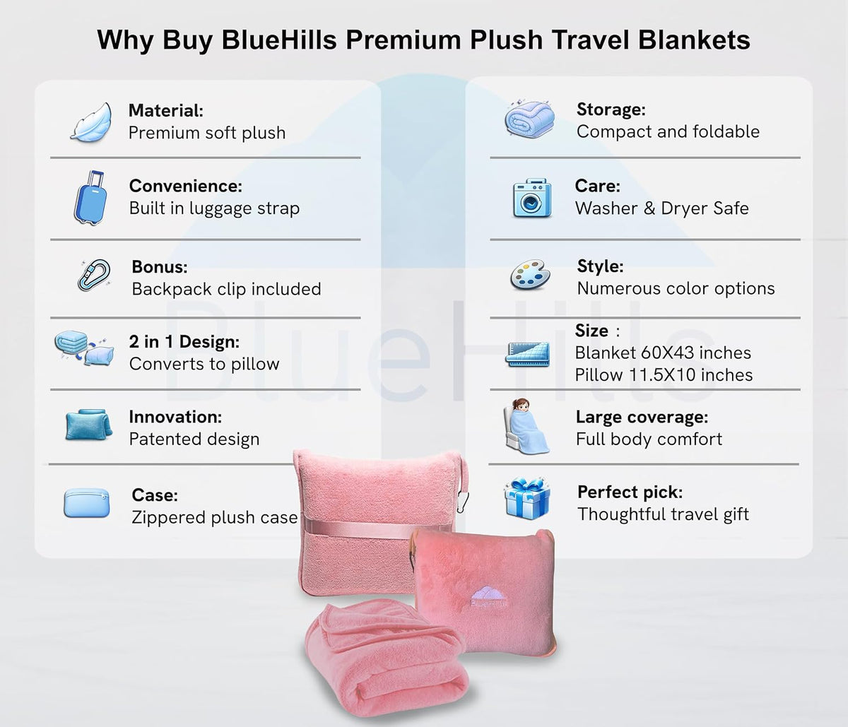 Premium Soft Travel Blanket Pillow Airplane Compact - Navy Blue