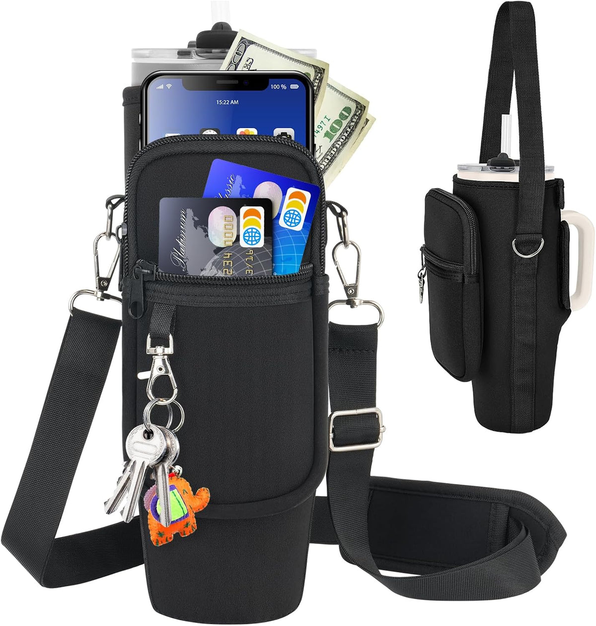 Water Bottle Carrier Bag with Phone Pocket Compatible with Stanley/Meoky 40 oz Tumbler with Handle,Water Bottle Holder Pouch with Adjustable Strap Compatible with Stanley Cup Accessories