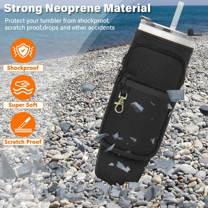 Water Bottle Carrier Bag with Phone Pocket Compatible with Stanley/Meoky 40 oz Tumbler with Handle,Water Bottle Holder Pouch with Adjustable Strap Compatible with Stanley Cup Accessories