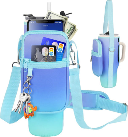 Water Bottle Carrier Bag with Phone Pocket Compatible with Stanley/Meoky 40 oz Tumbler with Handle,Water Bottle Holder Pouch with Adjustable Strap Compatible with Stanley Cup Accessories