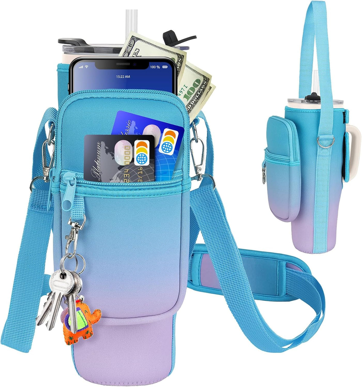 Water Bottle Carrier Bag with Phone Pocket Compatible with Stanley/Meoky 40 oz Tumbler with Handle,Water Bottle Holder Pouch with Adjustable Strap Compatible with Stanley Cup Accessories