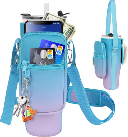 Water Bottle Carrier Bag with Phone Pocket Compatible with Stanley/Meoky 40 oz Tumbler with Handle,Water Bottle Holder Pouch with Adjustable Strap Compatible with Stanley Cup Accessories