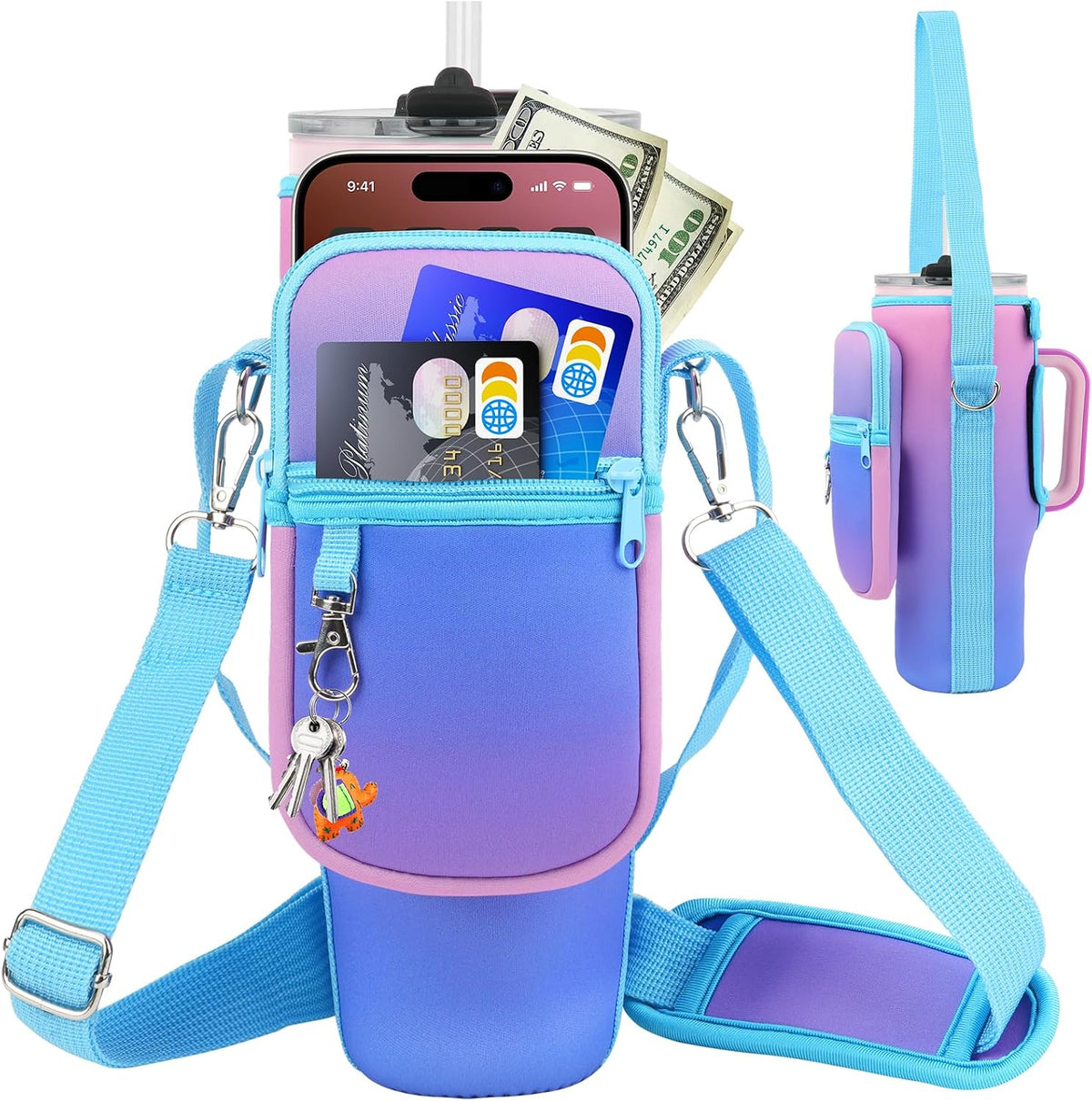 Water Bottle Carrier Bag with Phone Pocket Compatible with Stanley/Meoky 40 oz Tumbler with Handle,Water Bottle Holder Pouch with Adjustable Strap Compatible with Stanley Cup Accessories