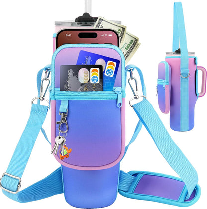 Water Bottle Carrier Bag with Phone Pocket Compatible with Stanley/Meoky 40 oz Tumbler with Handle,Water Bottle Holder Pouch with Adjustable Strap Compatible with Stanley Cup Accessories