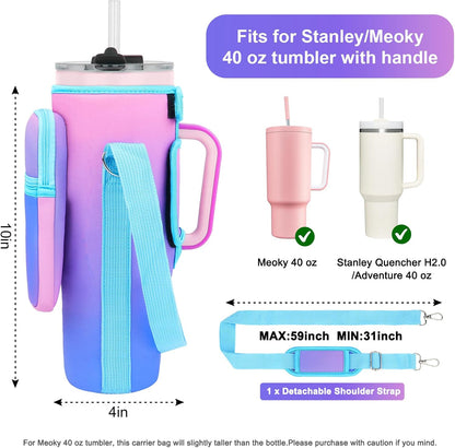 Water Bottle Carrier Bag with Phone Pocket Compatible with Stanley/Meoky 40 oz Tumbler with Handle,Water Bottle Holder Pouch with Adjustable Strap Compatible with Stanley Cup Accessories