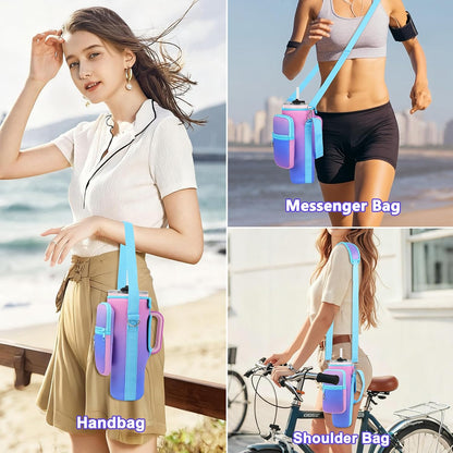 Water Bottle Carrier Bag with Phone Pocket Compatible with Stanley/Meoky 40 oz Tumbler with Handle,Water Bottle Holder Pouch with Adjustable Strap Compatible with Stanley Cup Accessories