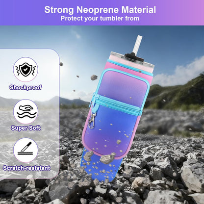 Water Bottle Carrier Bag with Phone Pocket Compatible with Stanley/Meoky 40 oz Tumbler with Handle,Water Bottle Holder Pouch with Adjustable Strap Compatible with Stanley Cup Accessories