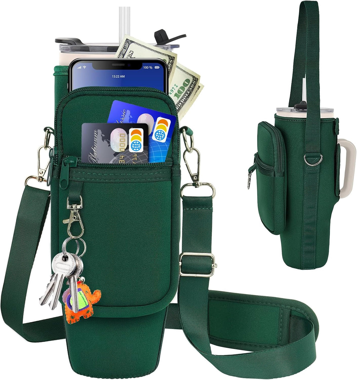 Water Bottle Carrier Bag with Phone Pocket Compatible with Stanley/Meoky 40 oz Tumbler with Handle,Water Bottle Holder Pouch with Adjustable Strap Compatible with Stanley Cup Accessories