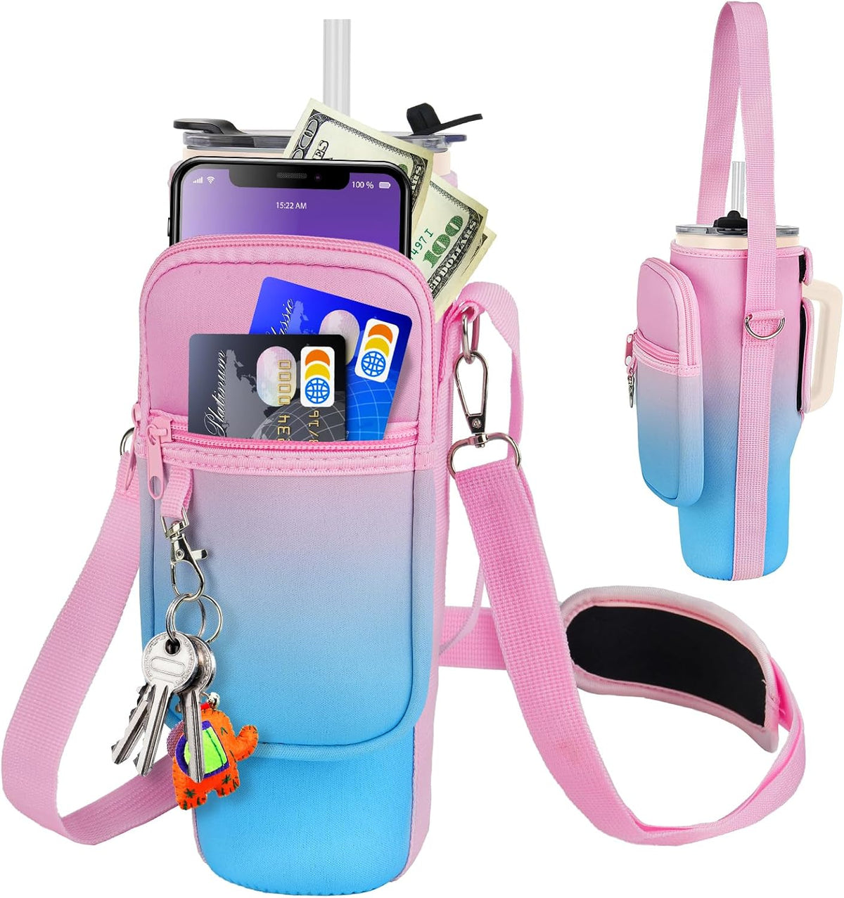 Water Bottle Carrier Bag with Phone Pocket Compatible with Stanley/Meoky 40 oz Tumbler with Handle,Water Bottle Holder Pouch with Adjustable Strap Compatible with Stanley Cup Accessories