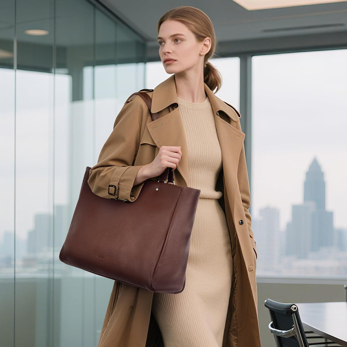 Genuine Leather Work Tote Bag for Women with 15" Compartment