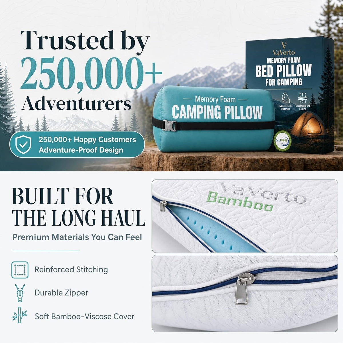 Camping Pillow - Backpacking Memory Foam Travel Pillow 1-Pack