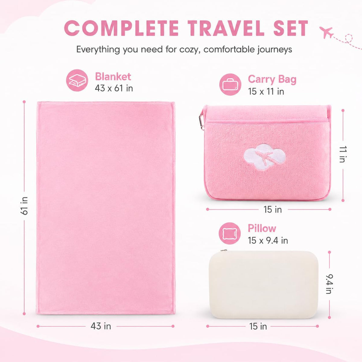 Blanket Pillow for Airplane Travel Essentials -3 In 1 Plane Travel Set Pink