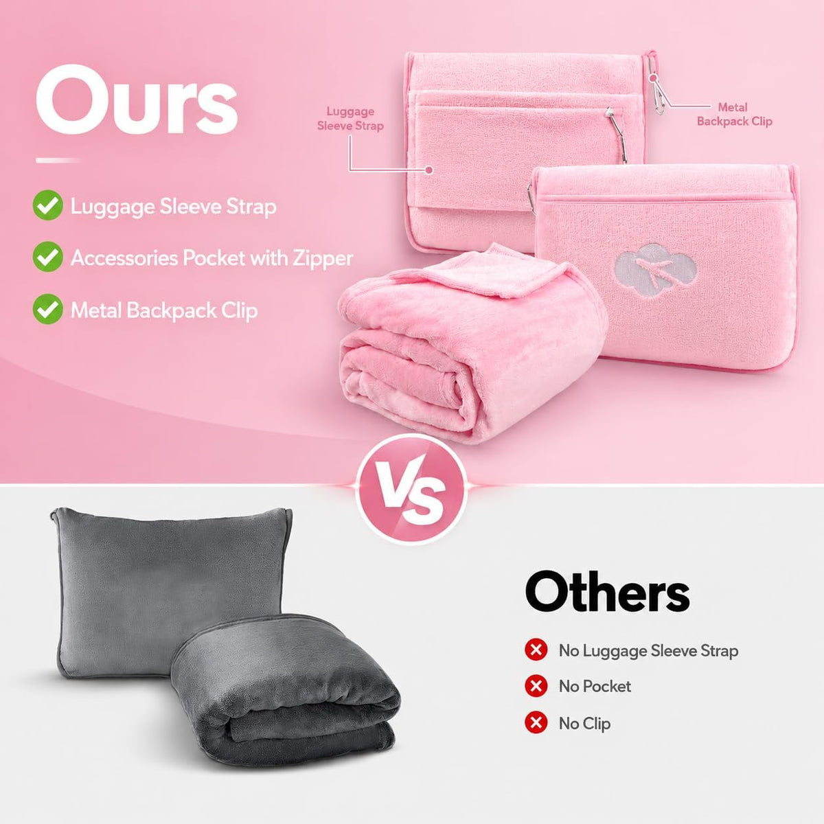 Blanket Pillow for Airplane Travel Essentials -3 In 1 Plane Travel Set Pink