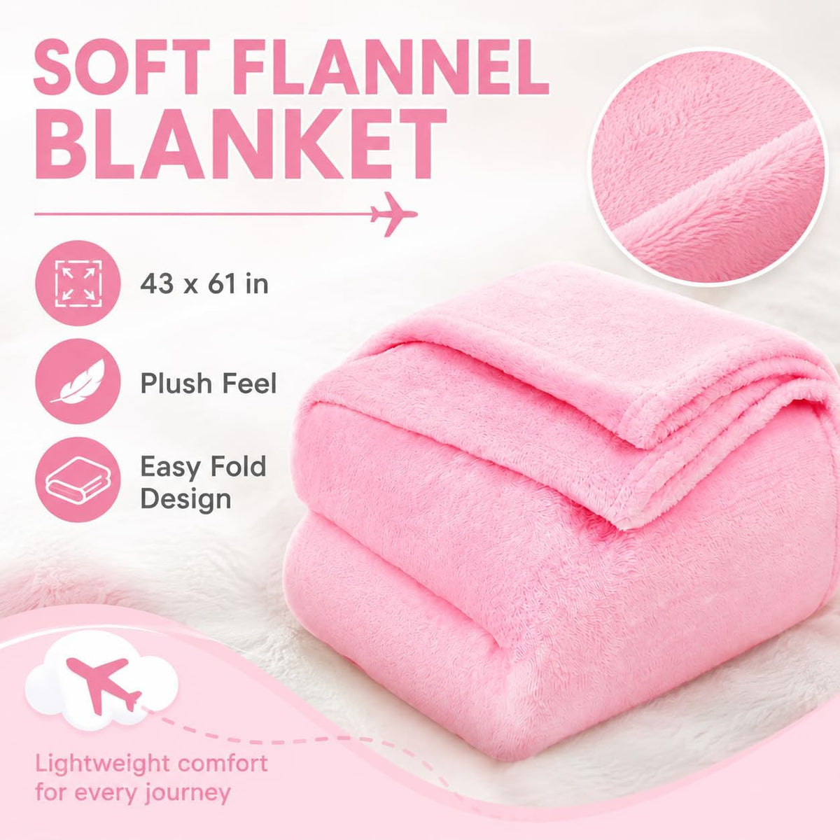 Blanket Pillow for Airplane Travel Essentials -3 In 1 Plane Travel Set Pink