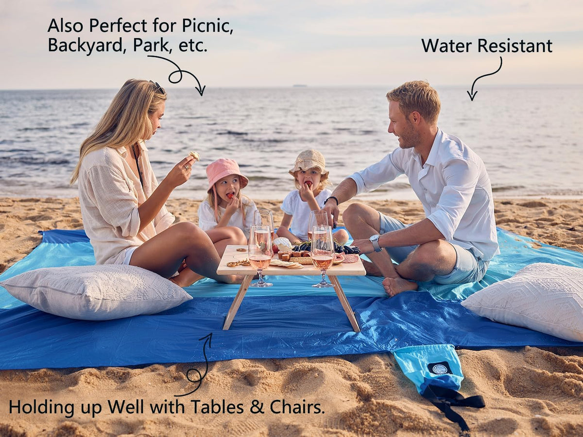 Beach Blanket Sandproof Waterproof, Extra Large Beach Mat, Oversized & Compact Sand Free, Quick Drying Beach Essentials for Vacation, Cruise, Picnic & Camping with Stakes