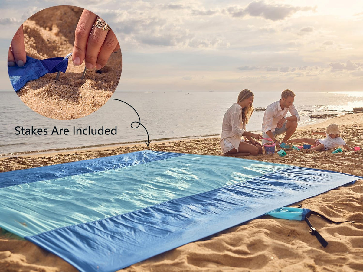 Beach Blanket Sandproof Waterproof, Extra Large Beach Mat, Oversized & Compact Sand Free, Quick Drying Beach Essentials for Vacation, Cruise, Picnic & Camping with Stakes