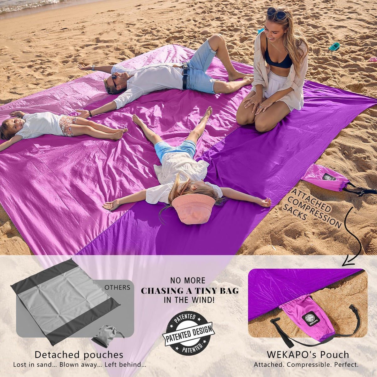 Beach Blanket Sandproof Waterproof, Extra Large Beach Mat, Oversized & Compact Sand Free, Quick Drying Beach Essentials for Vacation, Cruise, Picnic & Camping with Stakes
