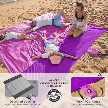 Beach Blanket Sandproof Waterproof, Extra Large Beach Mat, Oversized & Compact Sand Free, Quick Drying Beach Essentials for Vacation, Cruise, Picnic & Camping with Stakes