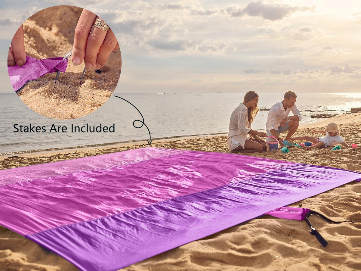 Beach Blanket Sandproof Waterproof, Extra Large Beach Mat, Oversized & Compact Sand Free, Quick Drying Beach Essentials for Vacation, Cruise, Picnic & Camping with Stakes