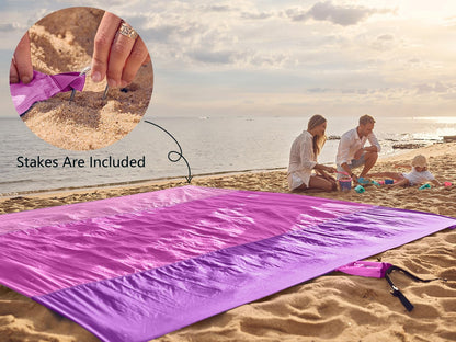 Beach Blanket Sandproof Waterproof, Extra Large Beach Mat, Oversized & Compact Sand Free, Quick Drying Beach Essentials for Vacation, Cruise, Picnic & Camping with Stakes