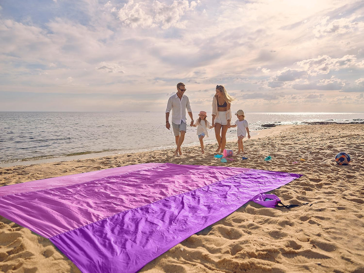 Beach Blanket Sandproof Waterproof, Extra Large Beach Mat, Oversized & Compact Sand Free, Quick Drying Beach Essentials for Vacation, Cruise, Picnic & Camping with Stakes