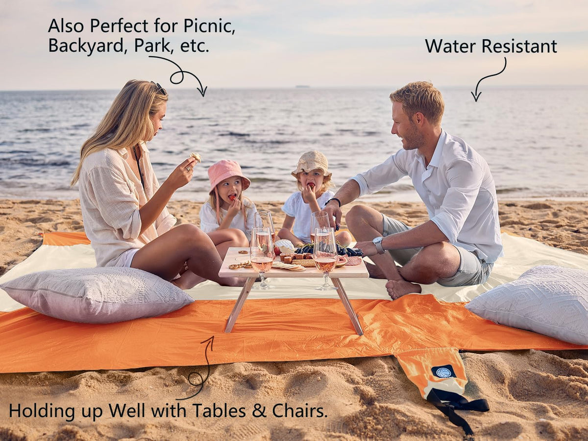 Beach Blanket Sandproof Waterproof, Extra Large Beach Mat, Oversized & Compact Sand Free, Quick Drying Beach Essentials for Vacation, Cruise, Picnic & Camping with Stakes