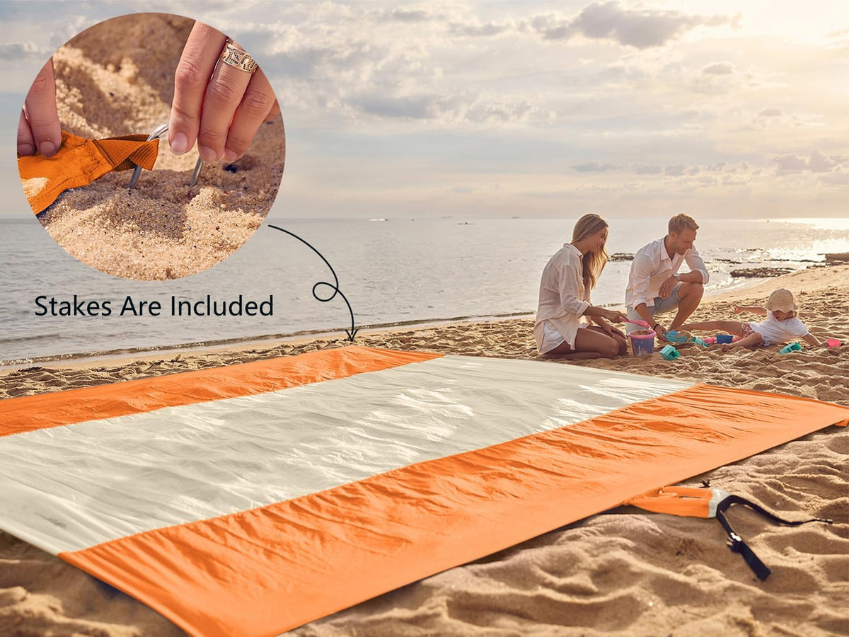 Beach Blanket Sandproof Waterproof, Extra Large Beach Mat, Oversized & Compact Sand Free, Quick Drying Beach Essentials for Vacation, Cruise, Picnic & Camping with Stakes