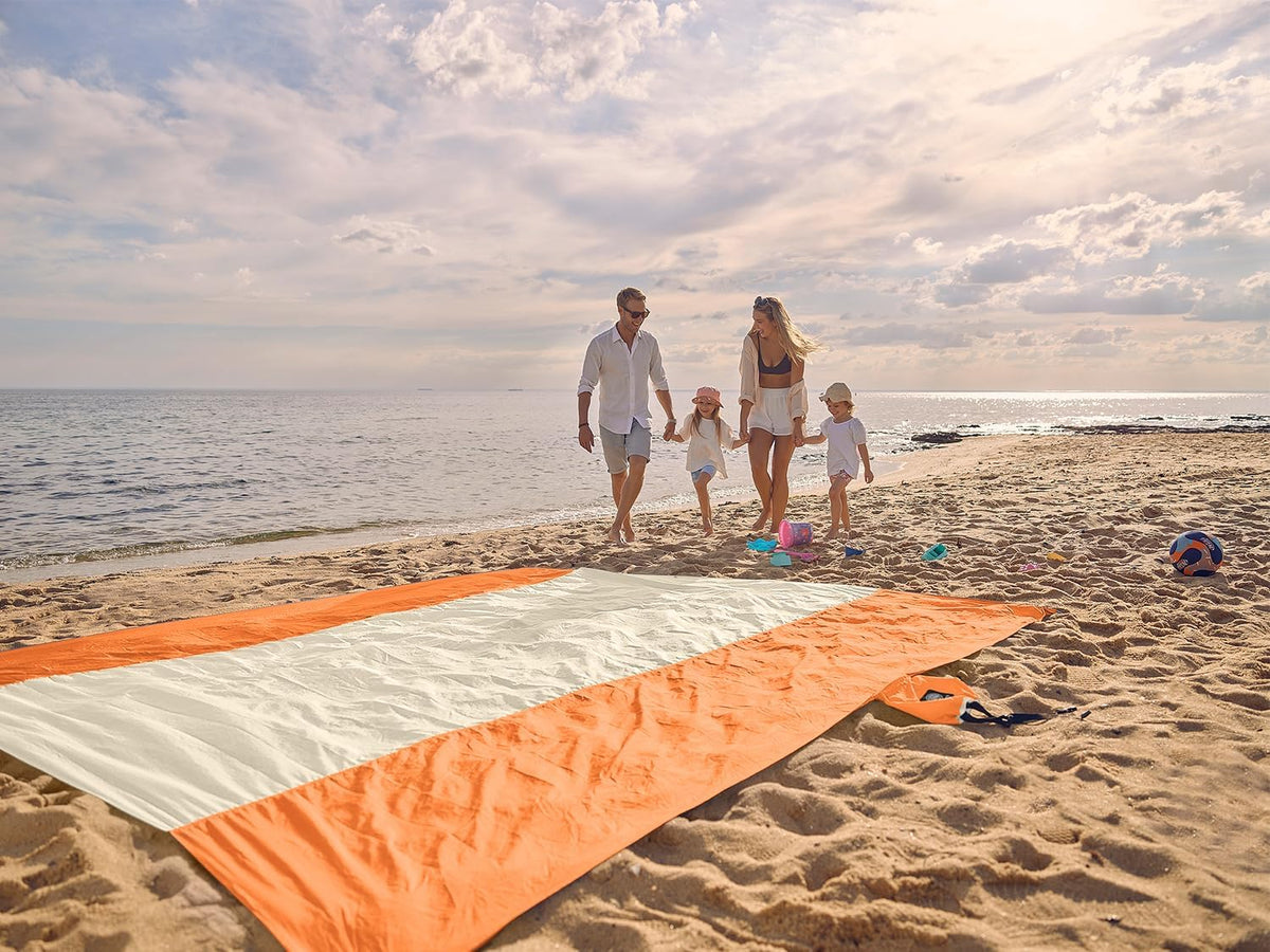 Beach Blanket Sandproof Waterproof, Extra Large Beach Mat, Oversized & Compact Sand Free, Quick Drying Beach Essentials for Vacation, Cruise, Picnic & Camping with Stakes