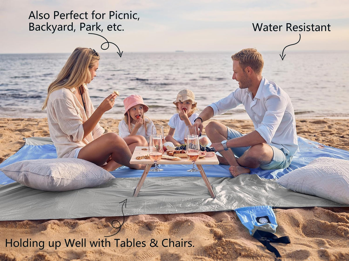 Beach Blanket Sandproof Waterproof, Extra Large Beach Mat, Oversized & Compact Sand Free, Quick Drying Beach Essentials for Vacation, Cruise, Picnic & Camping with Stakes