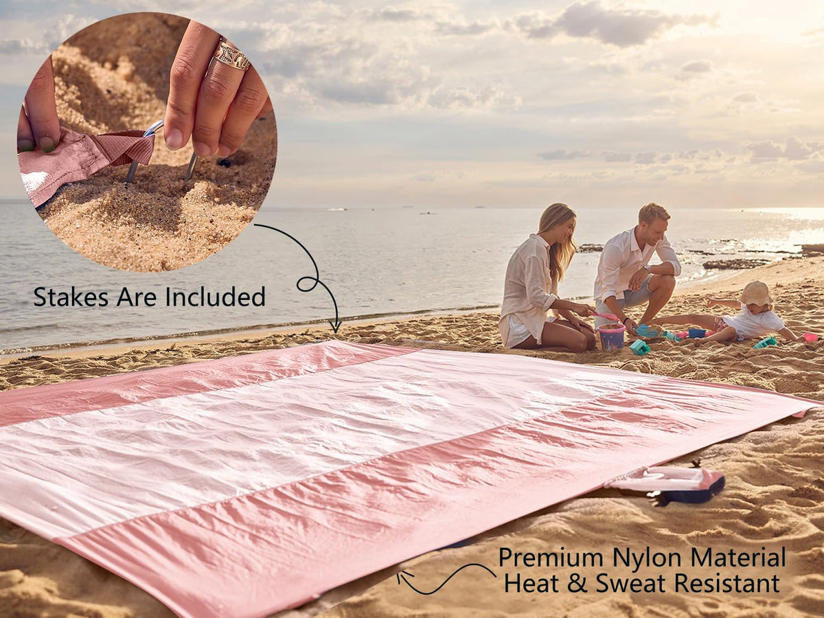 Beach Blanket Sandproof Waterproof, Extra Large Beach Mat, Oversized & Compact Sand Free, Quick Drying Beach Essentials for Vacation, Cruise, Picnic & Camping with Stakes
