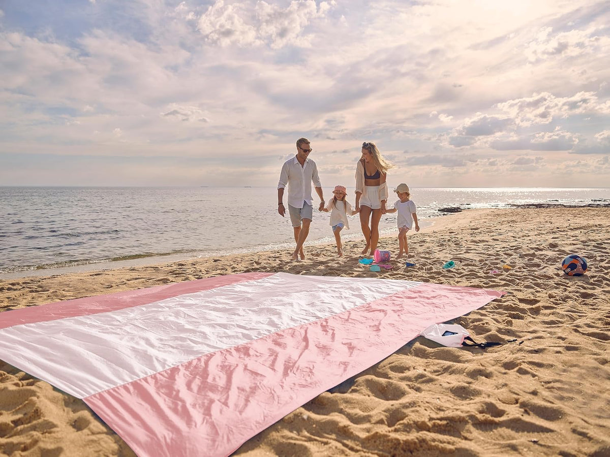 Beach Blanket Sandproof Waterproof, Extra Large Beach Mat, Oversized & Compact Sand Free, Quick Drying Beach Essentials for Vacation, Cruise, Picnic & Camping with Stakes