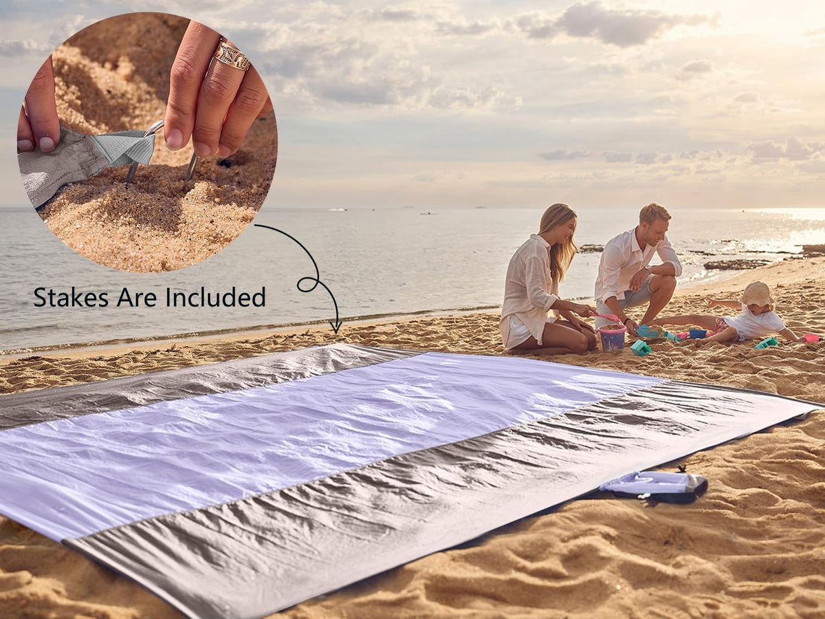 Beach Blanket Sandproof Waterproof, Extra Large Beach Mat, Oversized & Compact Sand Free, Quick Drying Beach Essentials for Vacation, Cruise, Picnic & Camping with Stakes