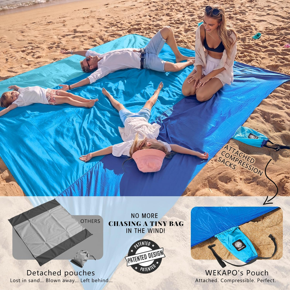 Beach Blanket Sandproof Waterproof, Extra Large Beach Mat, Oversized & Compact Sand Free, Quick Drying Beach Essentials for Vacation, Cruise, Picnic & Camping with Stakes