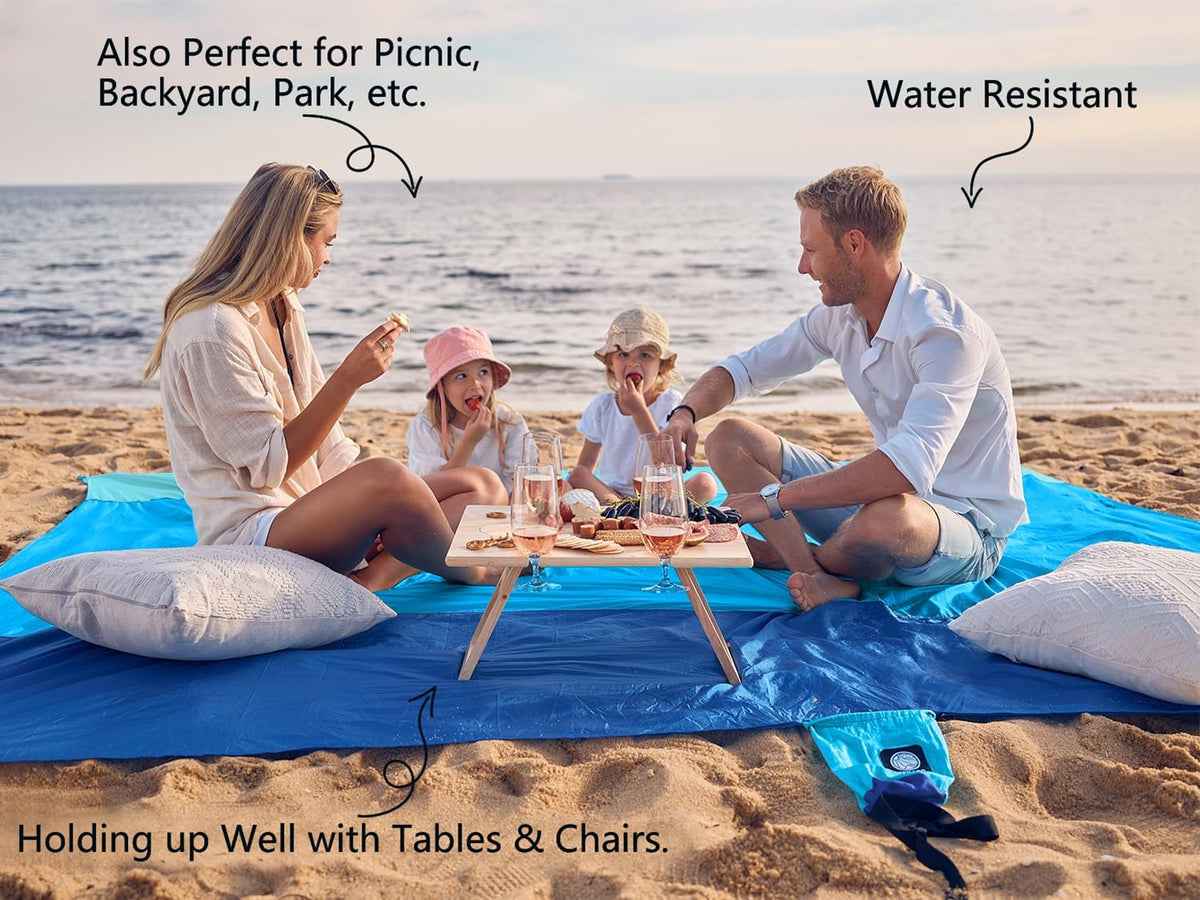 Beach Blanket Sandproof Waterproof, Extra Large Beach Mat, Oversized & Compact Sand Free, Quick Drying Beach Essentials for Vacation, Cruise, Picnic & Camping with Stakes