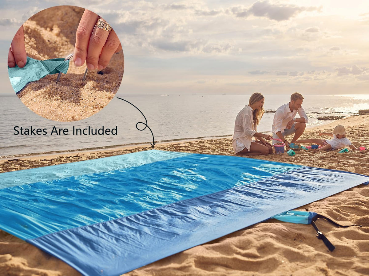 Beach Blanket Sandproof Waterproof, Extra Large Beach Mat, Oversized & Compact Sand Free, Quick Drying Beach Essentials for Vacation, Cruise, Picnic & Camping with Stakes