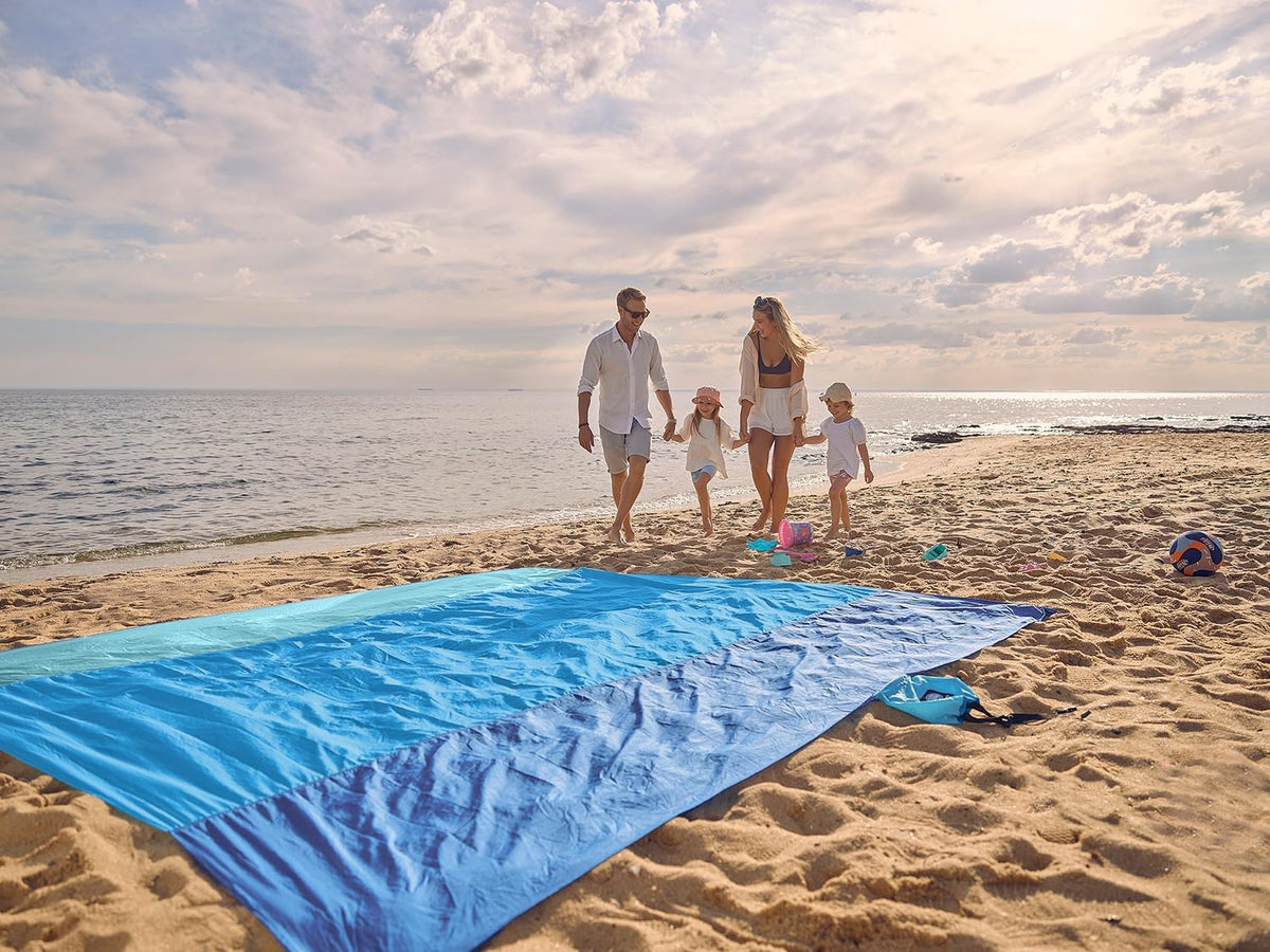 Beach Blanket Sandproof Waterproof, Extra Large Beach Mat, Oversized & Compact Sand Free, Quick Drying Beach Essentials for Vacation, Cruise, Picnic & Camping with Stakes