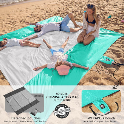Beach Blanket Sandproof Waterproof, Extra Large Beach Mat, Oversized & Compact Sand Free, Quick Drying Beach Essentials for Vacation, Cruise, Picnic & Camping with Stakes