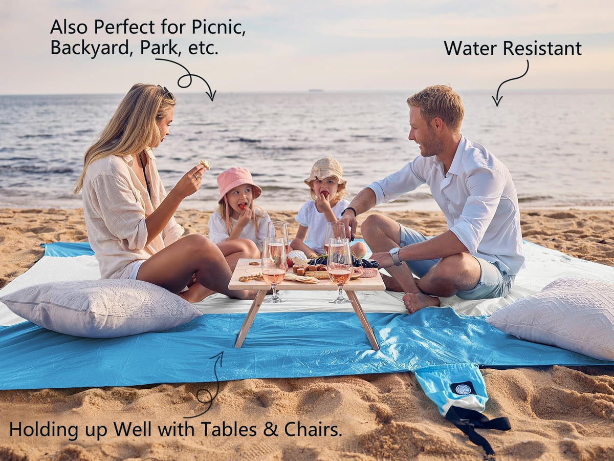 Beach Blanket Sandproof Waterproof, Extra Large Beach Mat, Oversized & Compact Sand Free, Quick Drying Beach Essentials for Vacation, Cruise, Picnic & Camping with Stakes