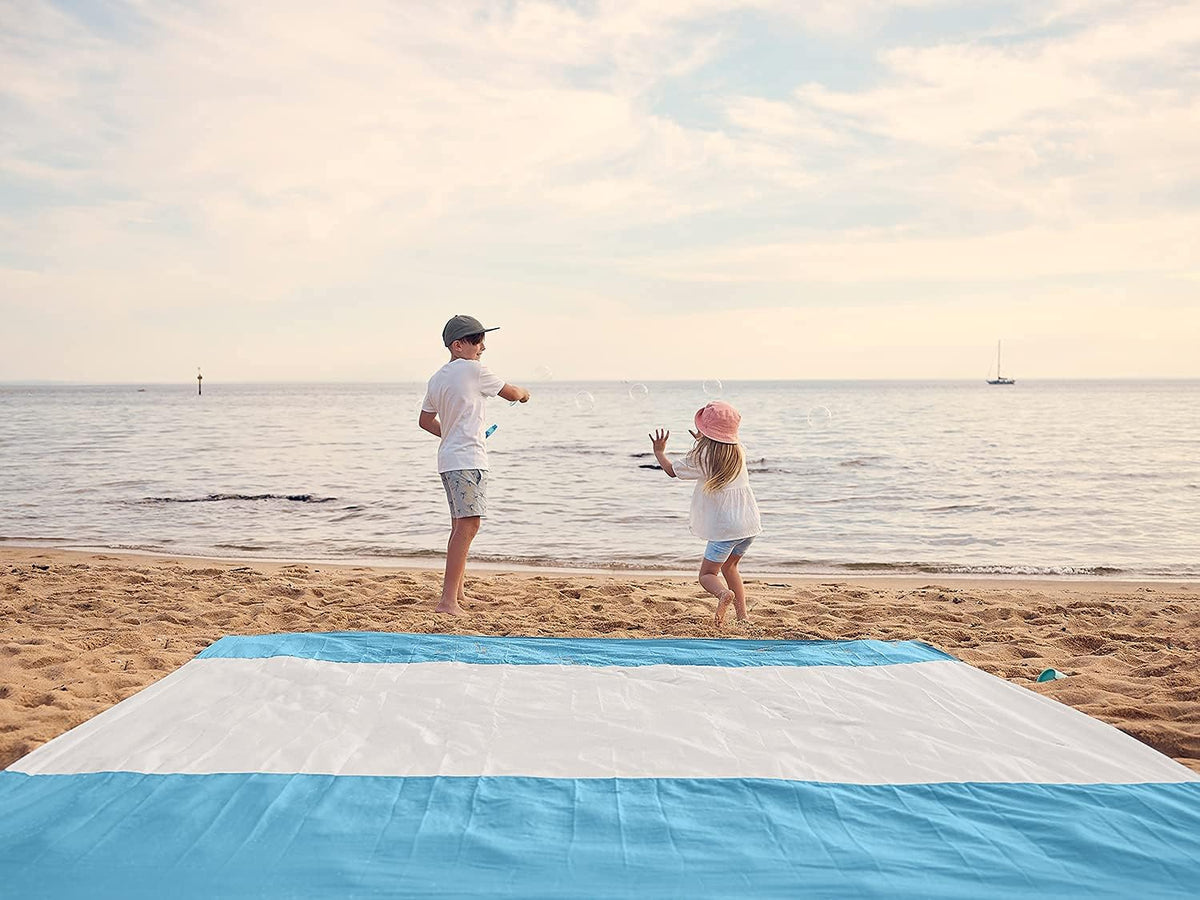 Beach Blanket Sandproof Waterproof, Extra Large Beach Mat, Oversized & Compact Sand Free, Quick Drying Beach Essentials for Vacation, Cruise, Picnic & Camping with Stakes