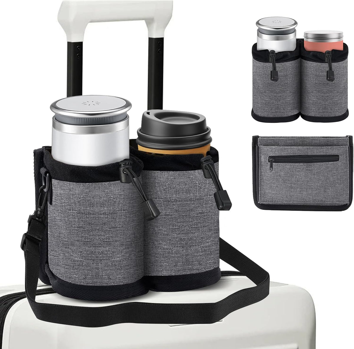 Travel Essentials Luggage Cup Holder for Suitcases Free Hands, Travel Accessories, Carry on Beverage Cup Holder Attachment, Luggage Cup Caddy Gifts for Flight Attendants, Business, Travelers, Gray
