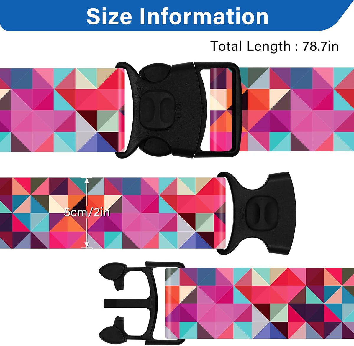 2 Pack Luggage Straps for Suitcases, Adjustable Travel Belt with Double Lock and Quick Release Buckle, Heavy Duty Nylon Bag Packing Strap, Bright Identifiers Business Travel Accessories-Colorful Block - Colors B