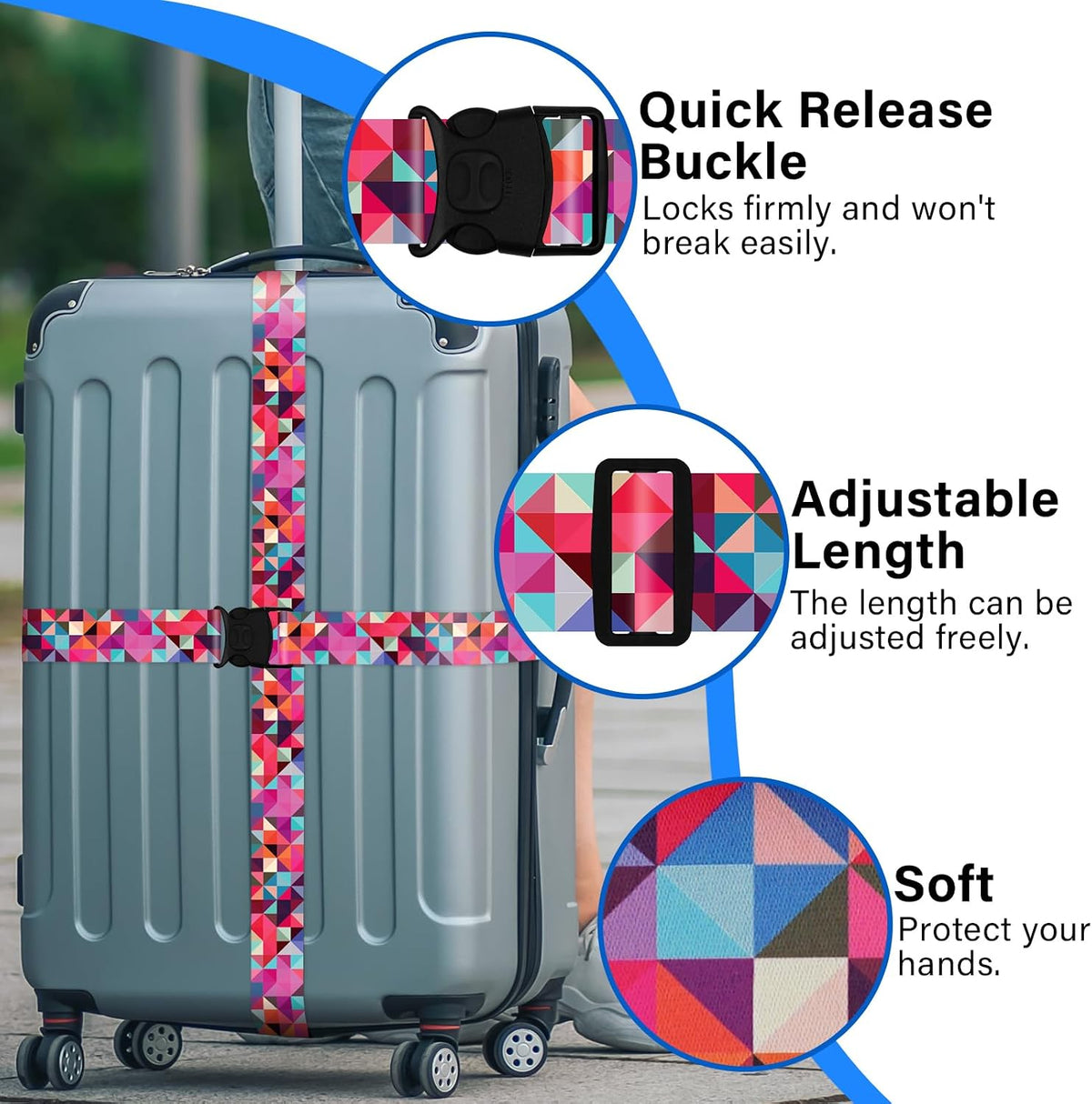 2 Pack Luggage Straps for Suitcases, Adjustable Travel Belt with Double Lock and Quick Release Buckle, Heavy Duty Nylon Bag Packing Strap, Bright Identifiers Business Travel Accessories-Colorful Block - Colors B
