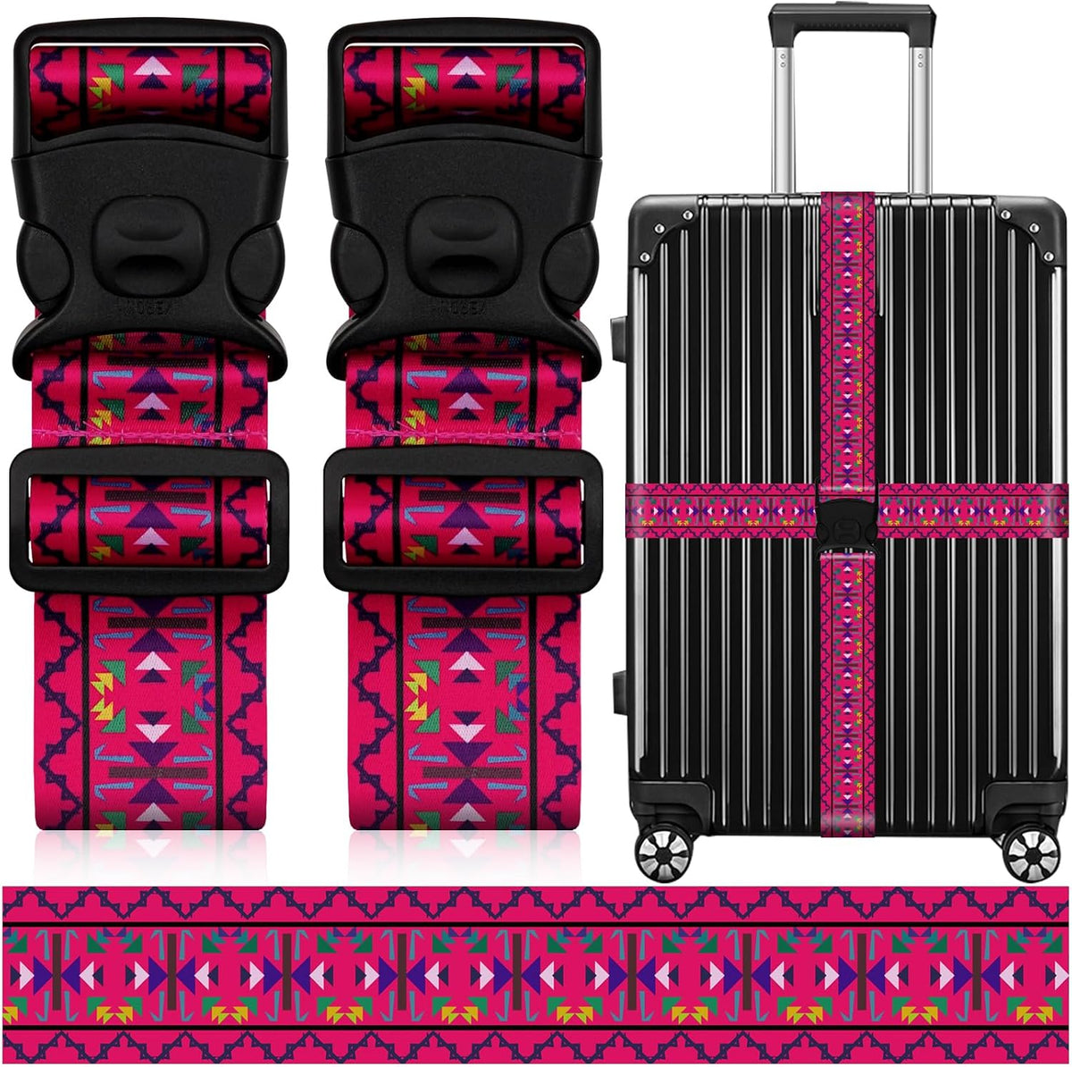 2 Pack Luggage Straps for Suitcases, Adjustable Travel Belt with Double Lock and Quick Release Buckle, Heavy Duty Nylon Bag Packing Strap, Bright Identifiers Business Travel Accessories-Colorful Block - Colors B