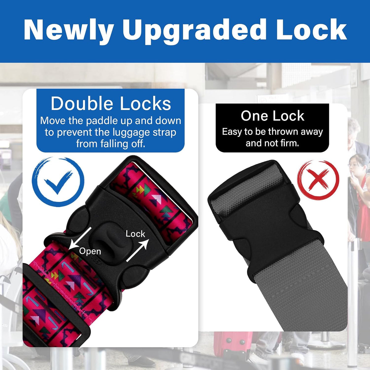 2 Pack Luggage Straps for Suitcases, Adjustable Travel Belt with Double Lock and Quick Release Buckle, Heavy Duty Nylon Bag Packing Strap, Bright Identifiers Business Travel Accessories-Colorful Block - Colors B